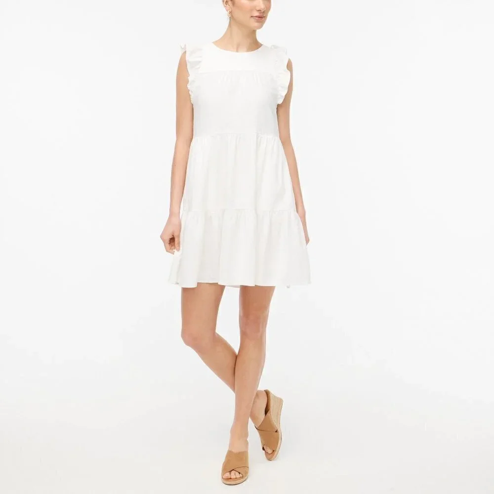 J. Crew Linen-Blend Rruffle-Sleeve Tiered Mini Dress Size 2